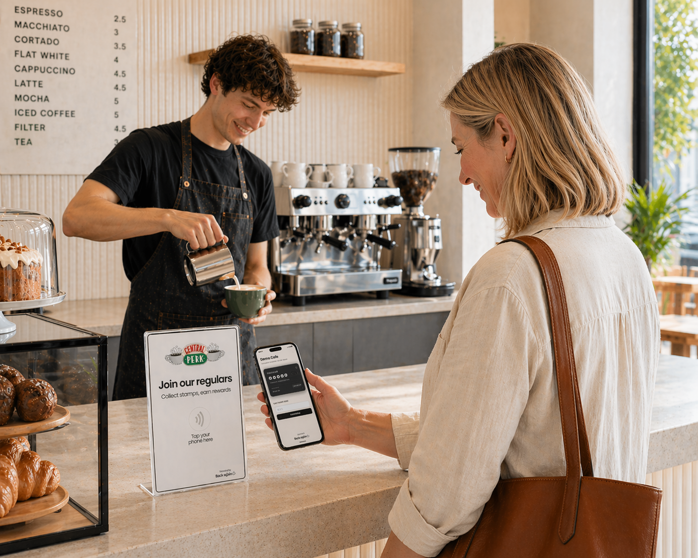 Barista serving a customer using Back Again loyalty system